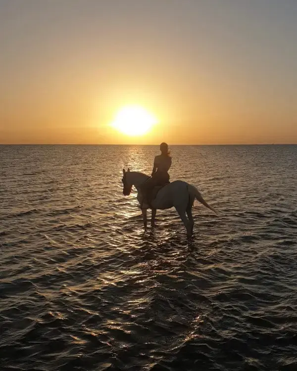 A rider on horseback trotting along the sandy beach in Hurghada, with the Red Sea and clear blue sky in the background.